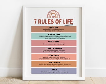 7 Rules Of Life Motivational Quotes Art Digital Poster-Inspirational Quotes Printable Wall Art-7 Life Rules Print-Counseling Office Wall Art