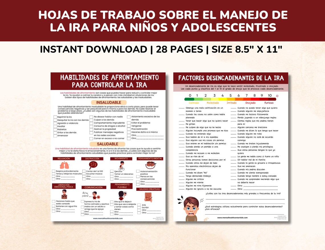 Spanish Anger Management Worksheets 20 Item Bundle for Kids-teens ...