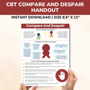 Puede incluir: Un folleto imprimible titulado "Comparar y desesperar" con un icono de mano roja. El folleto explica el concepto de compararse con los demás y proporciona consejos para evitar caer en este patrón de pensamiento negativo.