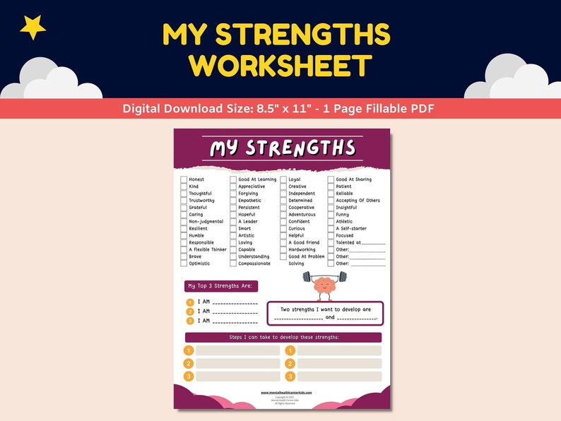 My Strengths Self-esteem Fillable Worksheet Kids Teens Mental - Etsy