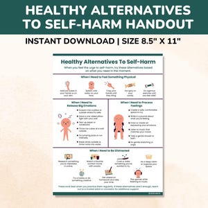 Pode incluir: Um folheto imprimível intitulado "Alternativas saudáveis à autoagressão" com texto e ilustrações. O folheto oferece sugestões para lidar com impulsos, incluindo sensações físicas, liberação emocional e distração. Tamanho: 21,6 cm x 27,9 cm.