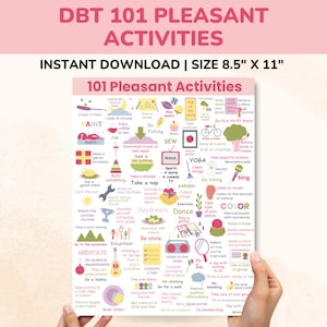 May include: A printable poster with a pink background and the title "DBT 101 Pleasant Activities". The poster lists 101 activities to help with Dialectical Behaviour Therapy (DBT). The activities are organised into categories such as "Self-Care", "Mindfulness", "Interpersonal Effectiveness", and "Distress Tolerance".
