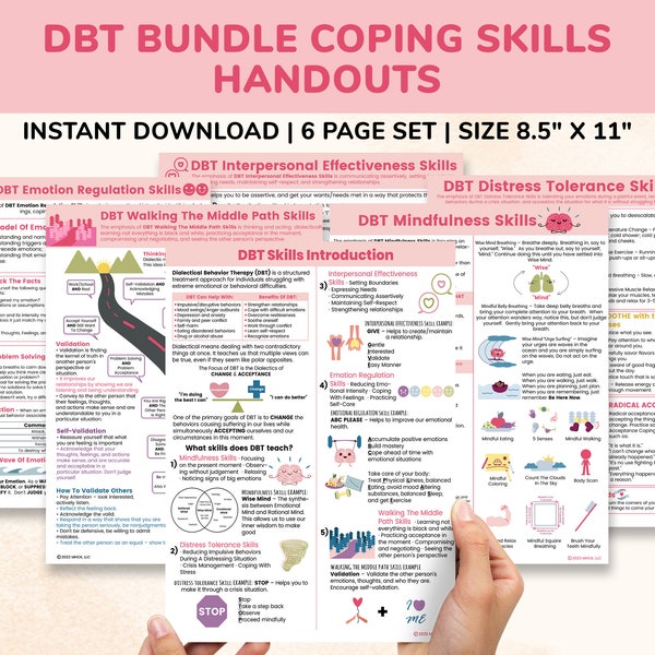 DBT Bundle Coping Skills Printable Poster Handout Cheat Sheet Dialectical Behavior Therapy - Trauma Therapist Gift-Kids Teens Adult Anxiety