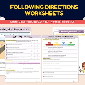 以下が含まれることがあります： 「Following Directions Worksheets」というタイトルの印刷可能なワークシートのセット。デジタルダウンロードには、それぞれ21.6 cm x 27.9 cmの4つの記入可能なPDFページが含まれています。ワークシートは、練習、クイズ、自己評価などのトピックをカバーしています。
