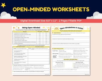 Może przedstawiać: Cyfrowy arkusz roboczy zatytułowany "Open-Minded Worksheets" z granatowym tłem i żółtym tekstem. Arkusz roboczy zawiera strony PDF do wypełnienia, koncentrujące się na otwartości umysłu w działaniu i zachowaniu. Rozmiar to 21,6 cm x 27,9 cm.