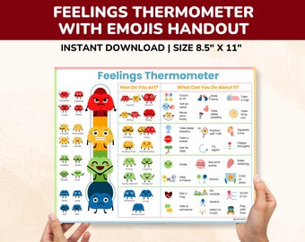 Feelings Thermometer Chart With Emojis-Kids-Toddlers-Preschool-Elementary-Middle School-Coping Skills Poster-Printable Emotions Chart-Poster