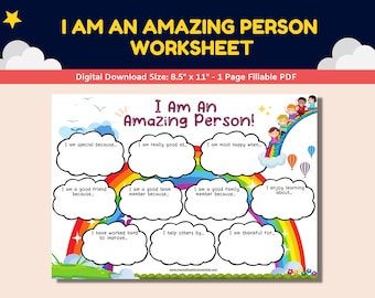 Self-Esteem Mental Health Social Emotional Learning Fillable Worksheet Kids-I Am An Amazing Person Child Therapy Counseling Self-Confidence
