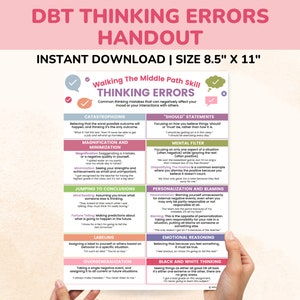 以下が含まれることがあります： ピンクの背景に白い文字で「DBT Thinking Errors Handout」というタイトルが付けられた印刷可能なハンドアウト。このハンドアウトは、一般的な思考の誤りをリストアップし、それぞれについて簡単な説明を提供しています。このハンドアウトは、人々が自分のネガティブな思考パターンを特定し、それに挑戦するのを助けるために設計されています。