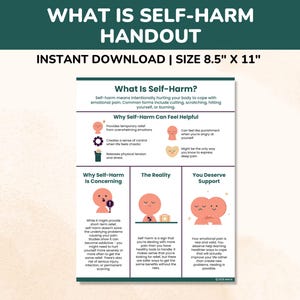 Pode incluir: Um folheto intitulado "O que é automutilação?" com o texto "Download instantâneo | Tamanho 21,6 x 27,9 cm". O folheto explica a automutilação, suas causas potenciais e a importância do apoio. O design inclui ilustrações e marcadores.