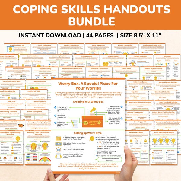 Coping Skills Posters Bundle-Kids-Teens-Adults-44 pgs-Mental Health Therapy Handouts-Anxiety-Depression-Trauma-Anger-Stress Worksheets