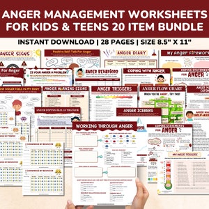 Anger Management Worksheets 20 Item Printable Bundle for Kids & Teens-Child Therapy Counseling Social Emotional Learning Mental Health CBT