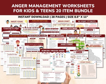 May include: A set of 20 printable worksheets for kids and teens to help them manage anger. The worksheets include activities such as identifying anger signs, coping statements, and anger triggers. The worksheets are 8.5 inches by 11 inches and are available for instant download.