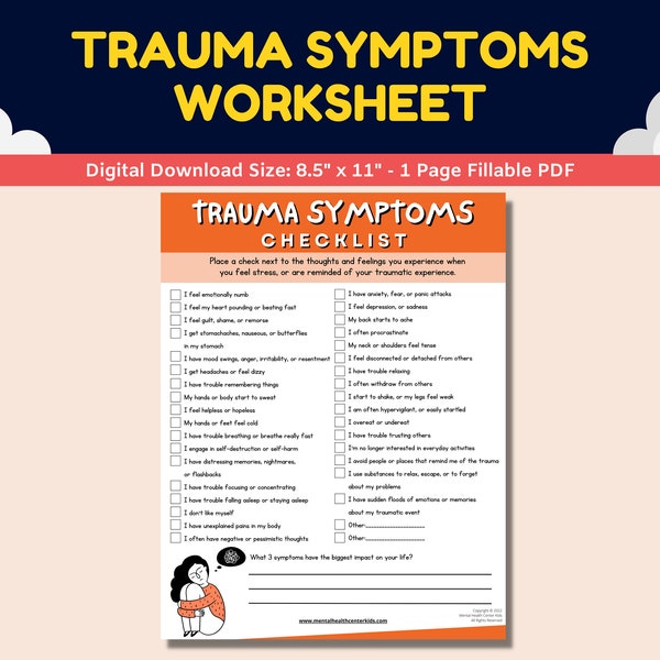 Trauma Symptoms Checklist Worksheet For Teens-Adolescent PTSD Therapy Activity-Therapist Counseling Counselor Printable Children Worksheets