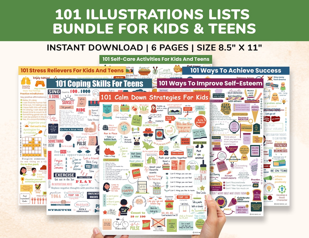 101 Illustrations Posters Kids & Teens 6pg Printable Set-counselor ...