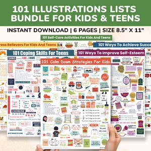 101 Illustrations Posters Kids & Teens 6pg Printable Set-Counselor Counseling Gifts-Therapy Therapist Gift-Social Work Wall Art Office Decor