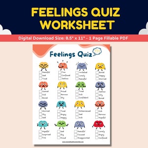 Feelings Quiz Emoji Worksheet-Identifying Feelings & Emotions Check In Chart-Social Emotional Learning-Child Therapy School Counseling PDF