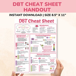 May include: A pink and white printable cheat sheet with the title "DBT Cheat Sheet" and a diagram of three overlapping circles labeled "Mindful", "Emotional Mind", and "Wise Mind". The cheat sheet includes sections on Mindfulness, Interpersonal Effectiveness, Emotional Regulation, Problem Solving, Distress Tolerance, and Self-Soothing.