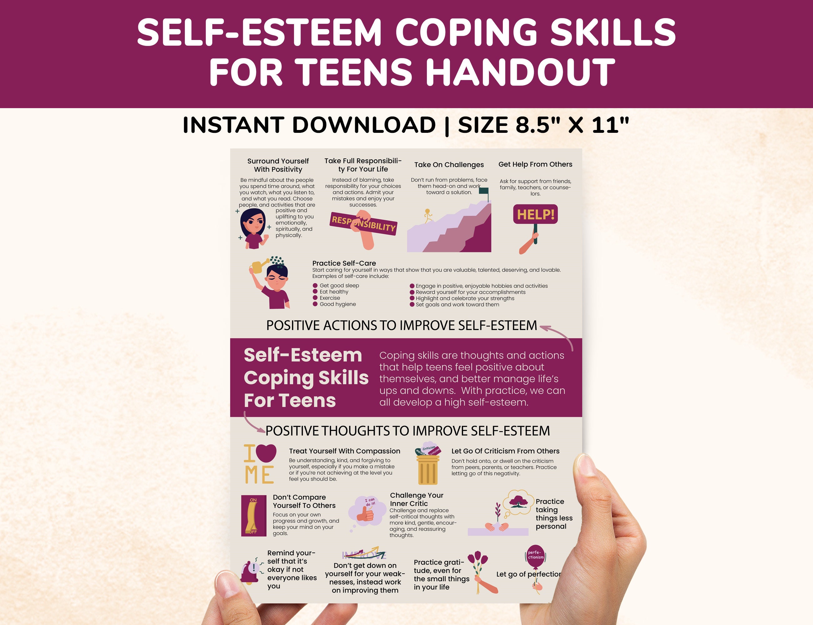 Self-Esteem Printable For Teens Self Confidence Coping Skills For Teens - Self Esteem Counseling Handout Self-Esteem Handout For Parents PDF