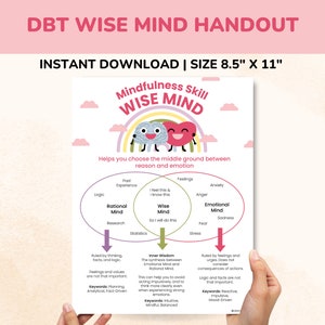 May include: A printable DBT Wise Mind Handout, an 8.5" x 11" instant download, with a colorful illustration of a brain and heart. The handout explains the concept of Wise Mind, which is the middle ground between reason and emotion. It includes three overlapping circles representing the Rational Mind, Wise Mind, and Emotional Mind, with keywords and descriptions for each.