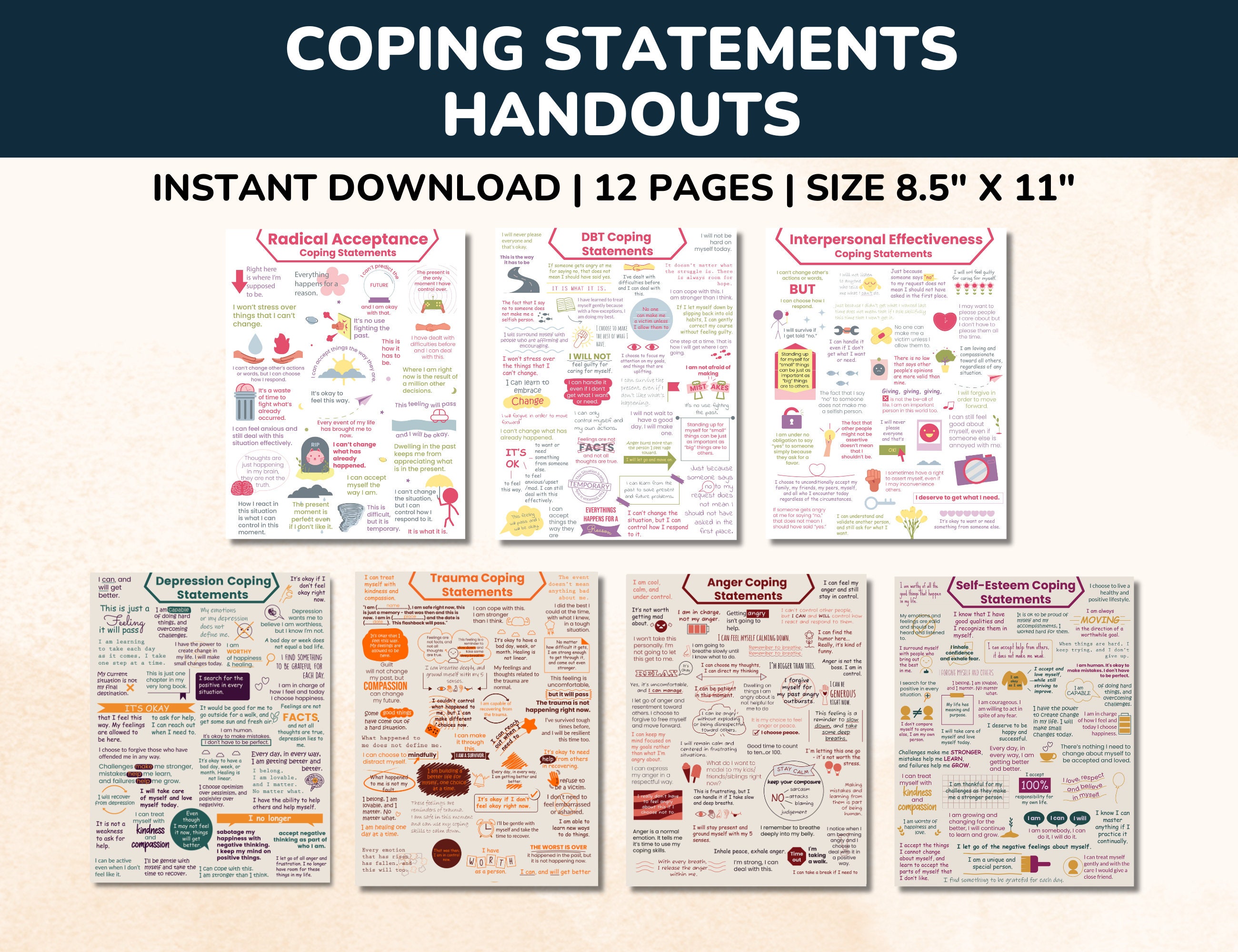 Coping Statements PDF Handout Bundle-12 Pages-coping Skills-kids-teens ...