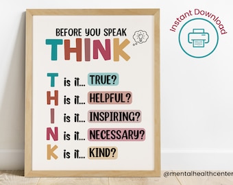 Think Before You Speak Poster-Teacher Classroom School Counselor Office-Rules Printable-Elementary School Classroom Decor-Classroom Sign
