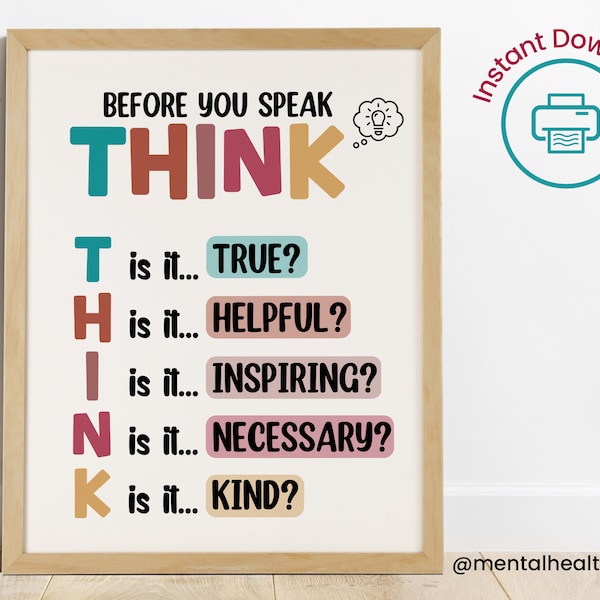 Think Before You Speak Poster-Teacher Classroom School Counselor Office-Rules Printable-Elementary School Classroom Decor-Classroom Sign