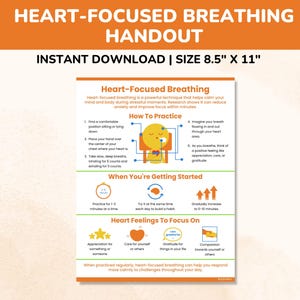 Heart-Focused Breathing Technique Therapy Handout-Coping Skills For Kids Teens Adults-Deep Breathing Poster-Anxiety Relief Exercise