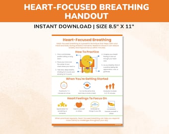 Heart-Focused Breathing Technique Therapy Handout-Coping Skills For Kids Teens Adults-Deep Breathing Poster-Anxiety Relief Exercise