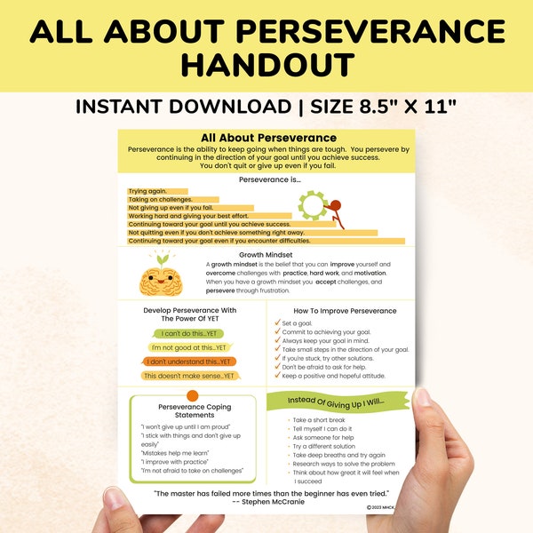 Perseverance Character Trait Kids Teens-School Counseling Posters-Child Therapy Worksheets Coping Skills Character Education Counts Building