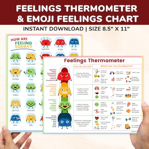 Emotions Chart & Feelings Thermometer 2pg Posters For Kids Printable Feelings Chart Coping Skills - Child Therapy School Counselor Therapist