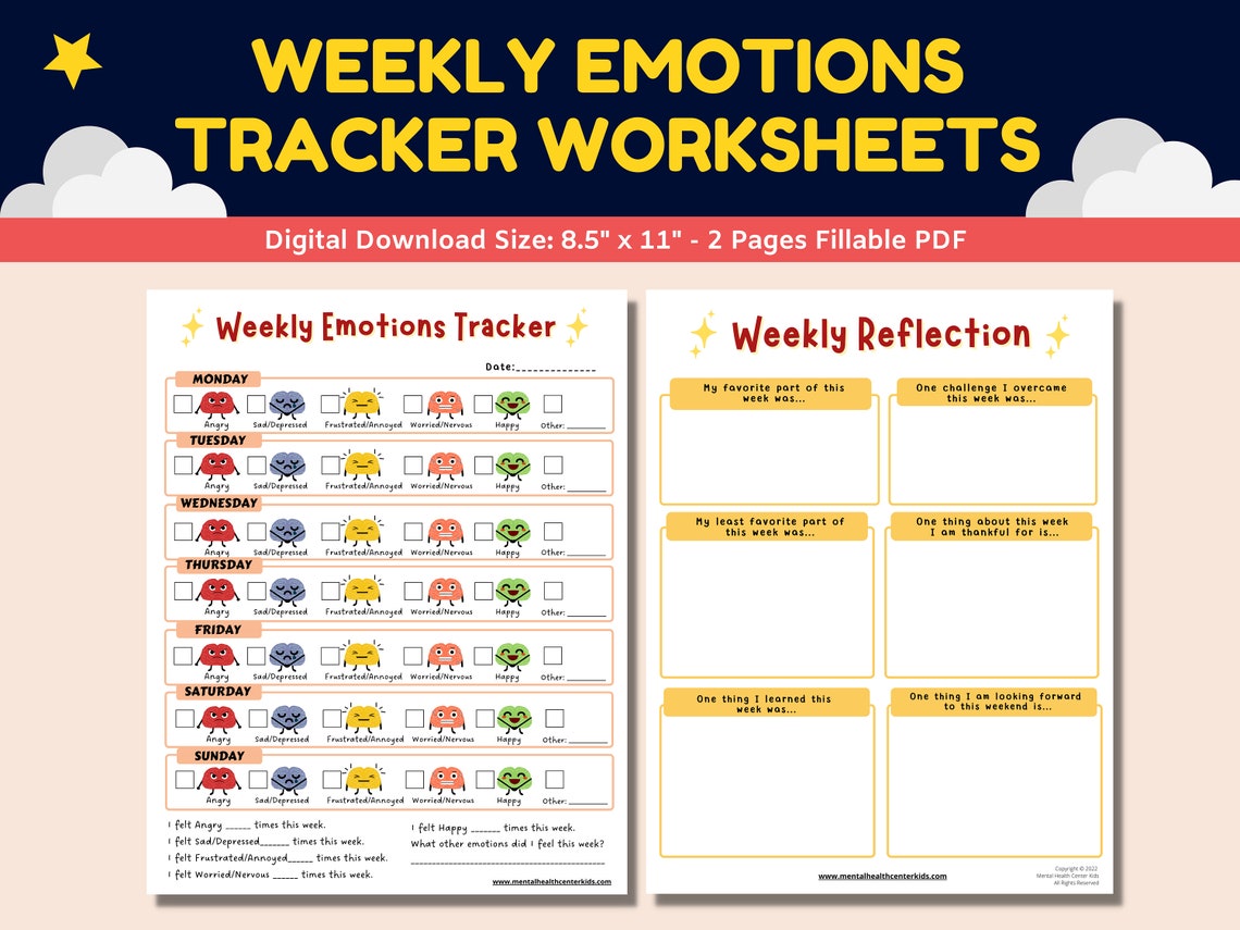 Weekly Emotions & Feelings Tracker 2pg Printable Emoji Worksheets for ...