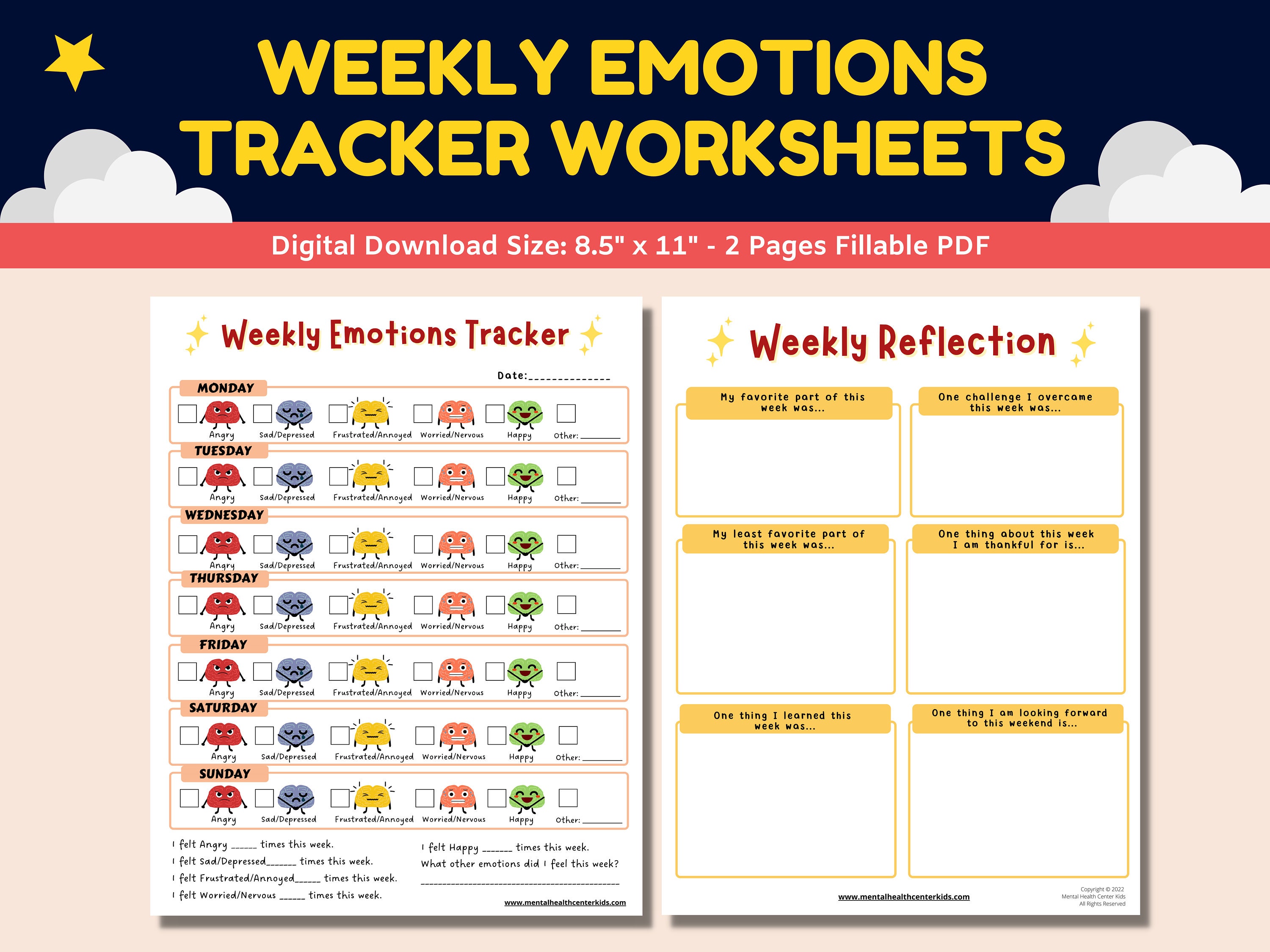 Weekly Emotions & Feelings Tracker 2pg Printable Emoji Worksheets For Kids-Social Emotional Learning-Child Therapy School Counseling PDF