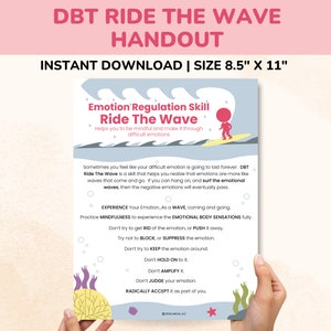 Puede incluir: Un folleto imprimible azul y blanco con el título "DBT Ride The Wave Handout" y una ilustración de dibujos animados de una persona surfeando una ola. El folleto proporciona consejos para manejar emociones difíciles utilizando la habilidad DBT "Ride The Wave".