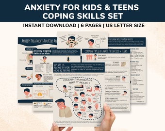 Anxiety Coping Skills Printable Handouts Bundle for Kids & Teens Poster Set 6pgs Anxiety Awareness Mental Health Therapy Relief Help Sign