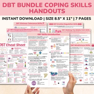 DBT Bundle Coping Skills Printable Poster Handout Cheat Sheet Dialectical Behavior Therapy - Trauma Therapist Gift-Kids Teens Adult Anxiety