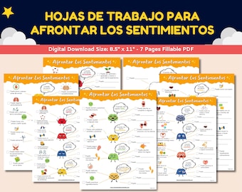 Può includere: Sette fogli di lavoro stampabili in spagnolo intitolati "Afrontar Los Sentimientos" (Affrontare i sentimenti) con illustrazioni colorate di personaggi dei cartoni animati. Ogni foglio di lavoro presenta un diverso meccanismo di coping per gestire le emozioni.