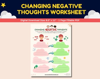 May include: A printable worksheet for children to help them change negative thoughts into positive ones. The worksheet features a cartoon boy with a red cloud above his head representing negative thoughts and a green cloud above his head representing positive thoughts. The worksheet includes space for children to write down their negative thoughts and then to write down positive thoughts to replace them.