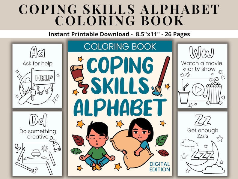 Coping Skills Alphabet Printable Coloring Pages Book Kids Etsy