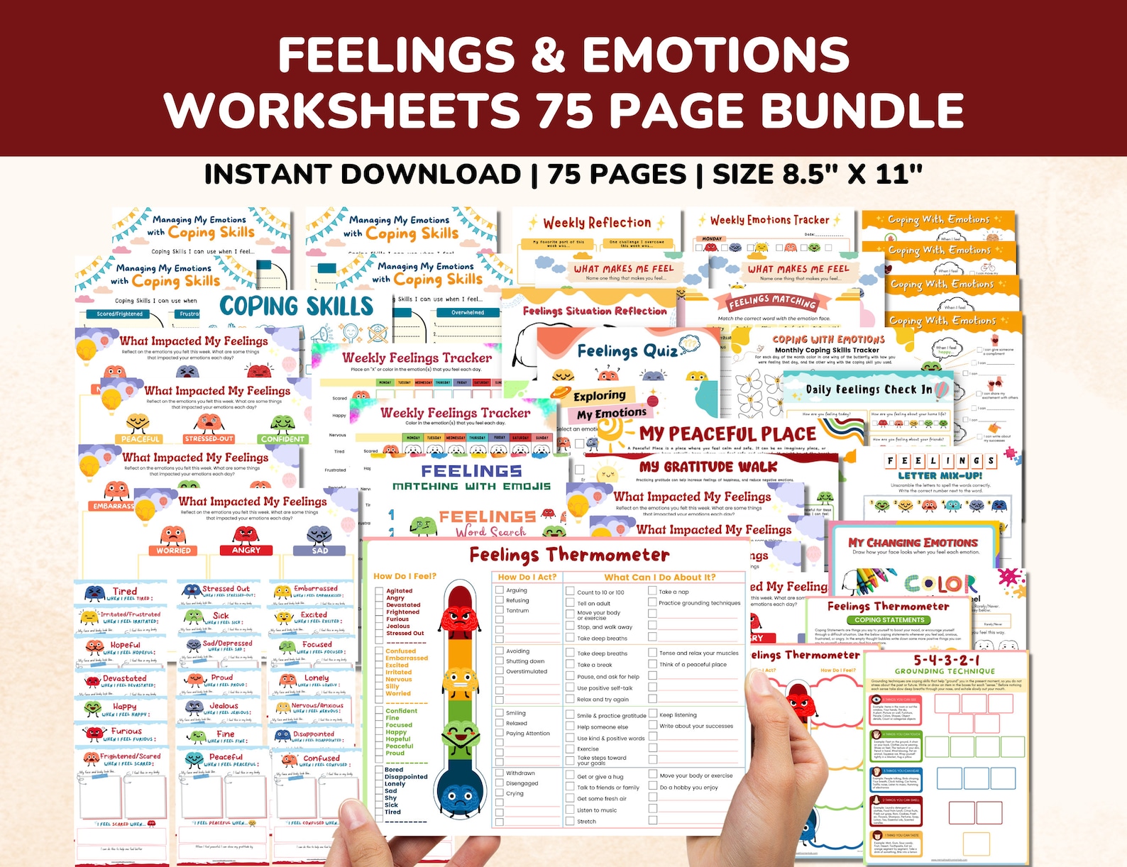 Feelings & Emotions Worksheets Chart 75 Pg Printable Bundle