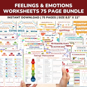 Feelings & Emotions Worksheets Chart 75 Pg Printable Bundle-Coping Skills For Kids-Thermometer-Child Therapy Counselor School Counseling PDF