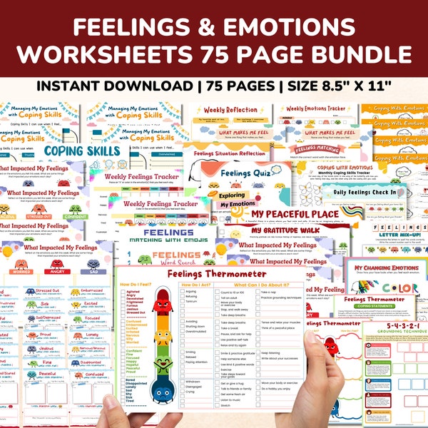 Feelings & Emotions Worksheets Chart 75 Pg Printable Bundle-Coping Skills For Kids-Thermometer-Child Therapy Counselor School Counseling PDF