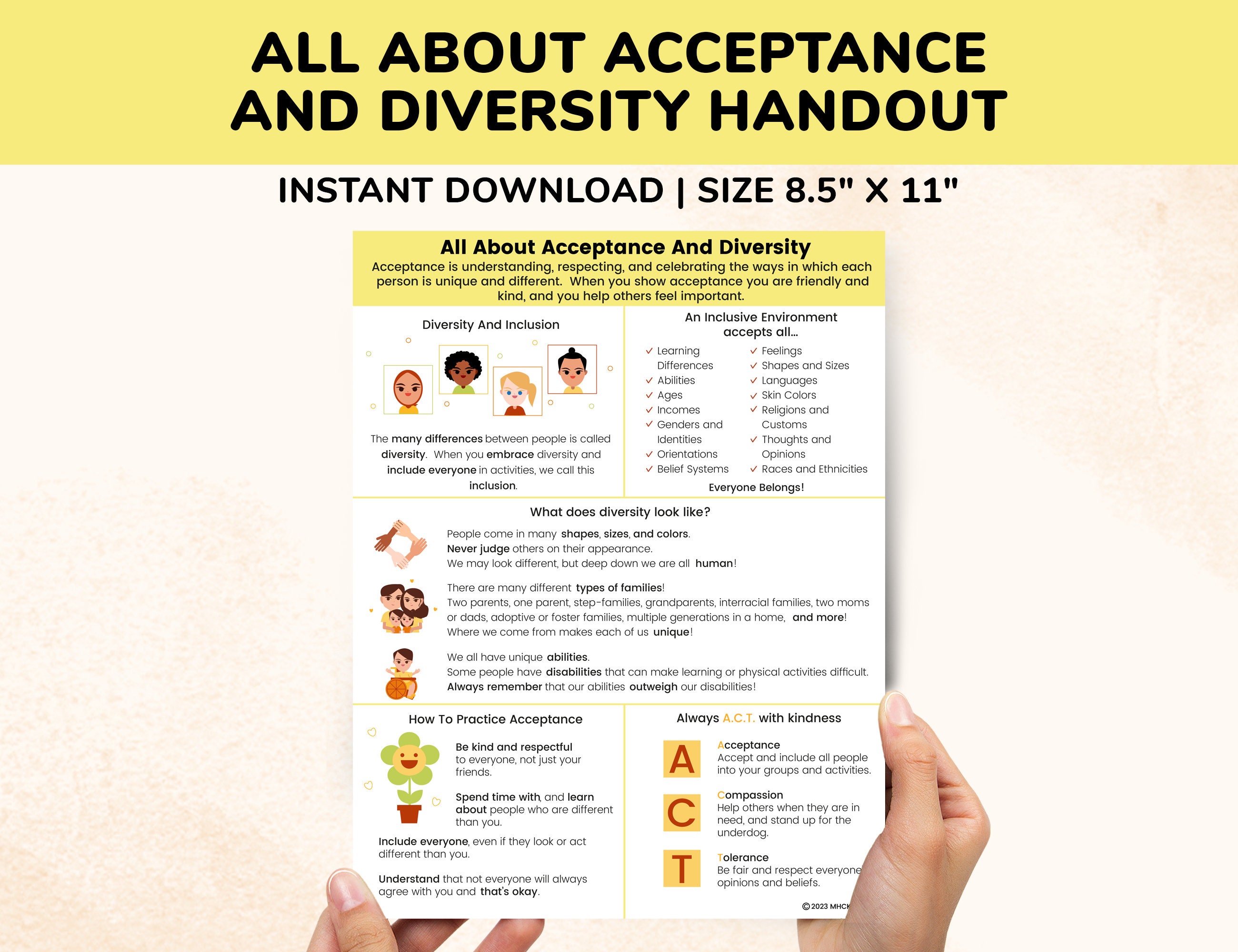 Acceptance & Diversity Printable Poster Tolerance Equality Inclusion Handout Character Education Kids Teens-Coping Skills Development PDF