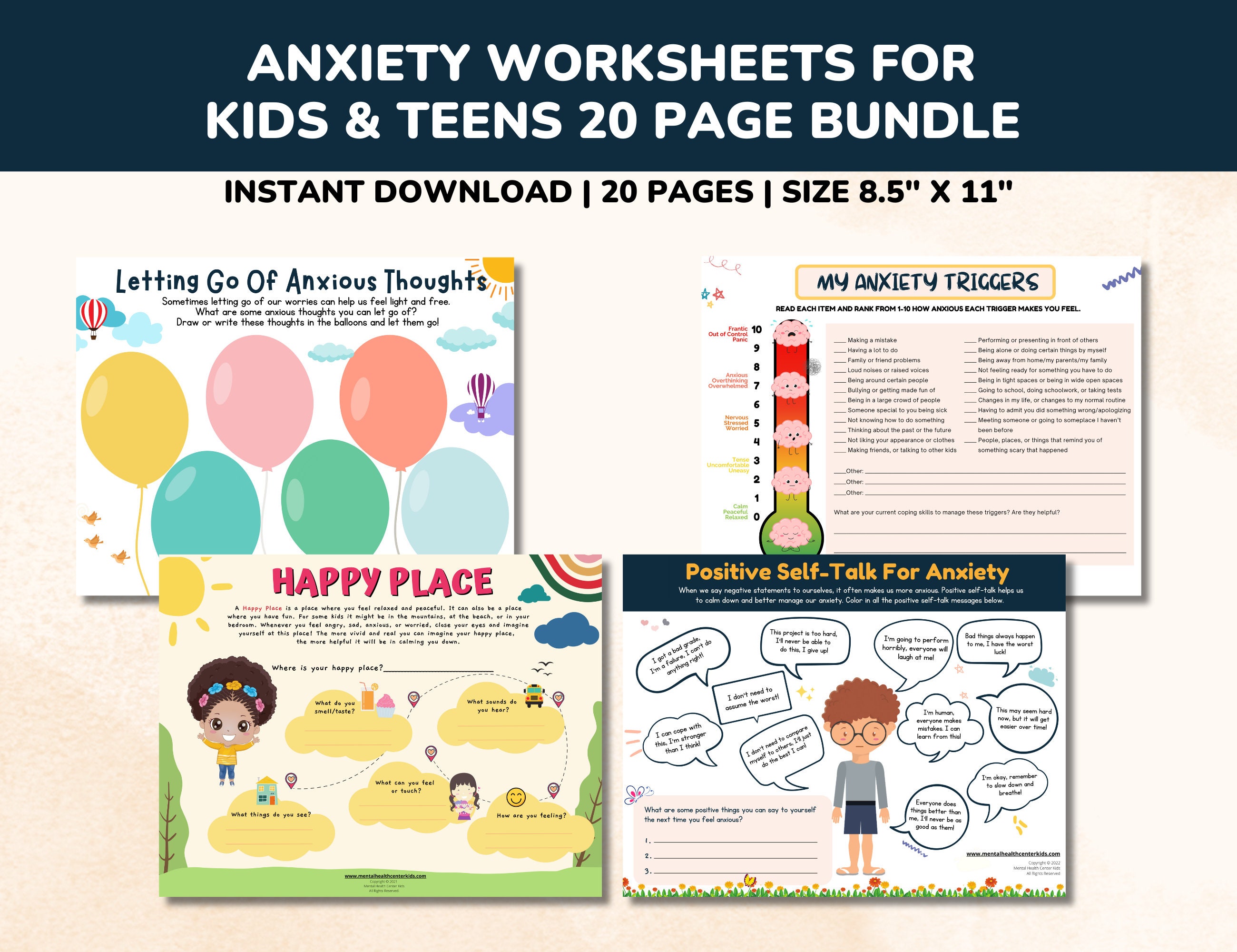 Anxiety Worksheets 20 Pg Printable Bundle for Kids & Teens-child ...