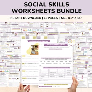 May include: A collection of social skills worksheets with the text "SOCIAL SKILLS WORKSHEETS BUNDLE". The worksheets are 21.6 cm x 27.9 cm and cover topics such as conflict resolution. The bundle is an instant download and contains 65 pages.