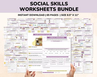 Może przedstawiać: Zestaw arkuszy ćwiczeń umiejętności społecznych z tekstem "SOCIAL SKILLS WORKSHEETS BUNDLE". Arkusze mają wymiary 21,6 cm x 27,9 cm i obejmują tematy takie jak rozwiązywanie konfliktów. Zestaw jest do natychmiastowego pobrania i zawiera 65 stron.