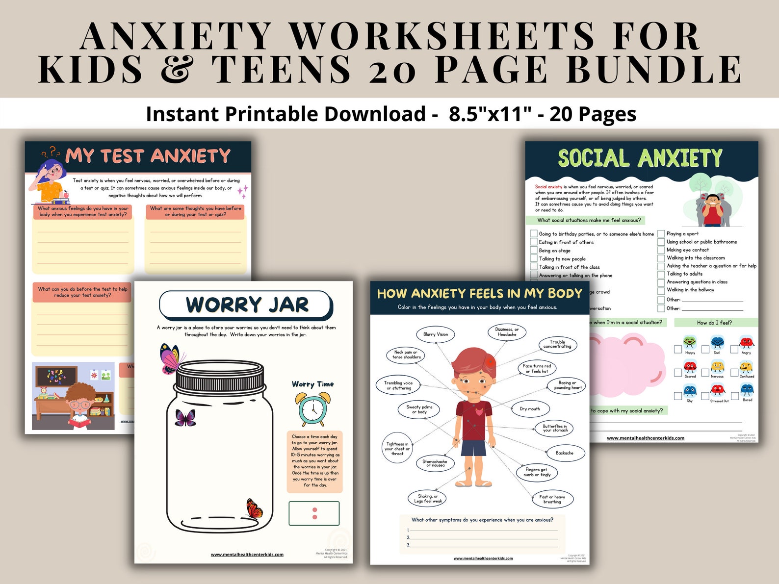 Anxiety Worksheets 20 Pg Printable Bundle for Kids &amp; | Etsy
