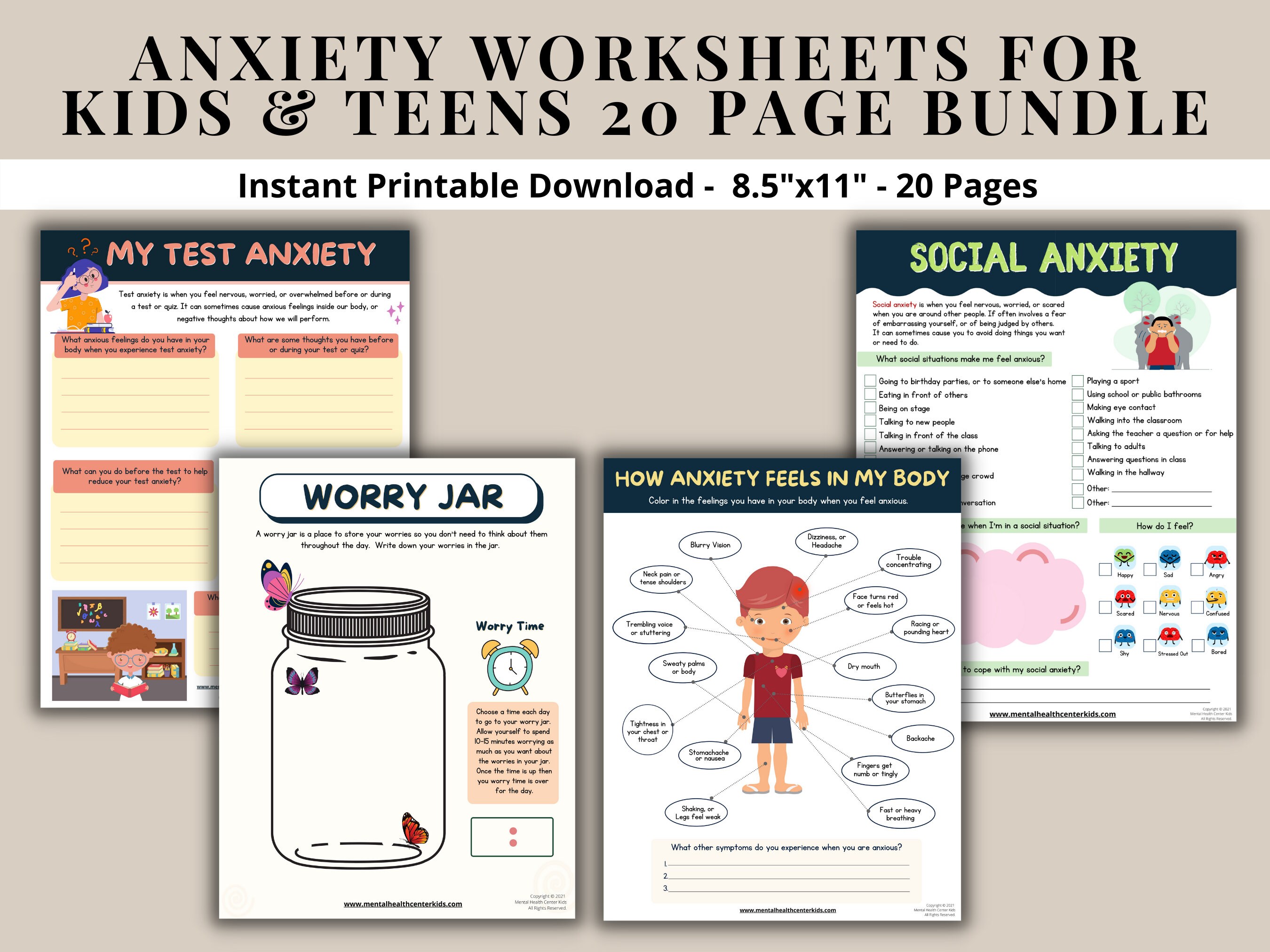 Anxiety Worksheets 20 Pg Printable Bundle for Kids & | Etsy