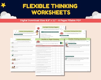 Hojas de trabajo para desarrollar el pensamiento flexible en niños y adolescentes. 6 páginas. Ideales para terapia y asesoramiento. Desarrollo de habilidades sociales, TDAH, funciones ejecutivas y flexibilidad cognitiva.