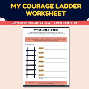 Puede incluir: Una hoja de trabajo imprimible titulada "My Courage Ladder Worksheet" con un fondo azul oscuro y nubes blancas. La hoja de trabajo está diseñada para ayudar a los usuarios a identificar y superar sus miedos.