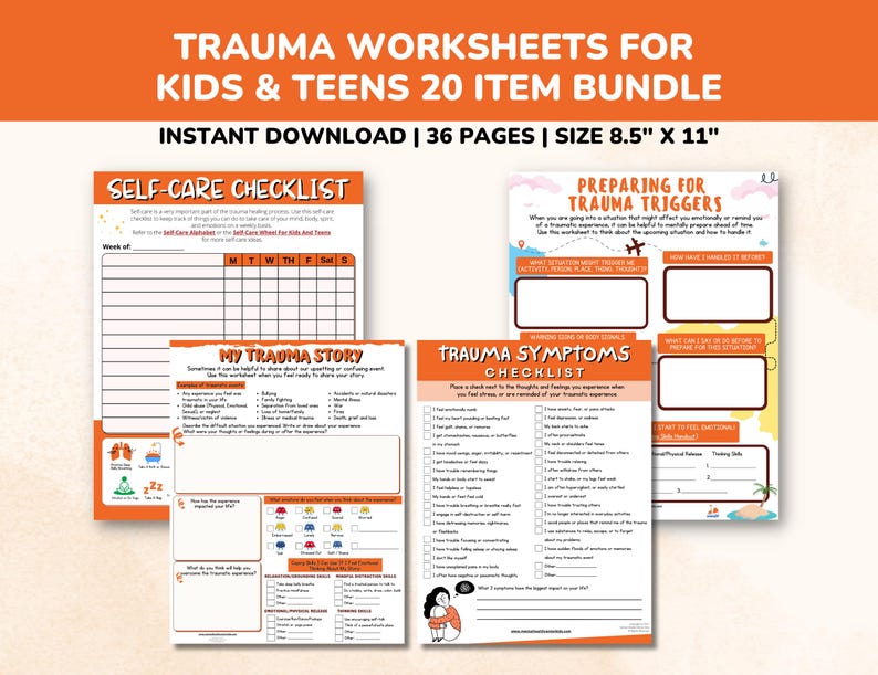 Trauma PTSD Worksheets 20 Item Printable Bundle for Kids & Teens-Child ...
